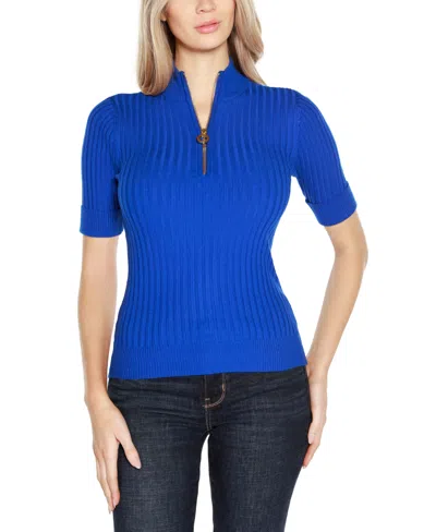 Belldini Black Label Ribbed Zip Mock Neck Top In Cobalt