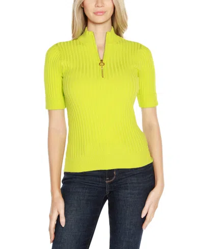 Belldini Black Label Ribbed Zip Mock Neck Top In Key Lime