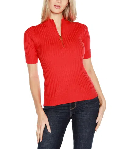 Belldini Black Label Ribbed Zip Mock Neck Top In Red