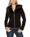Belldini Women's Black Label Faux Fur Collar Short Zip Cardigan Sweater In Black
