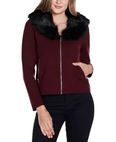 Belldini Black Label Plus Size Polyester Collar Short Zip Cardigan Sweater In Black Cherry,pewter