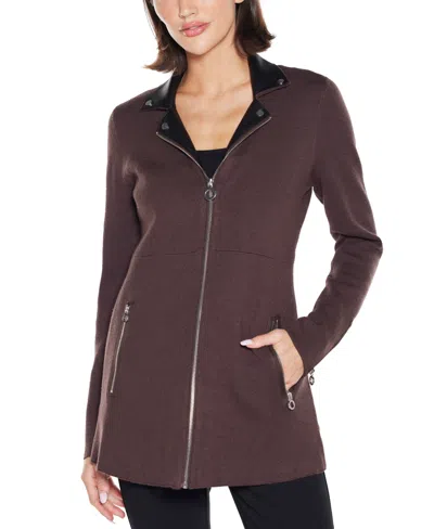 Belldini Black Label Women's Faux-leather Collared Sweater Jacket In Brown