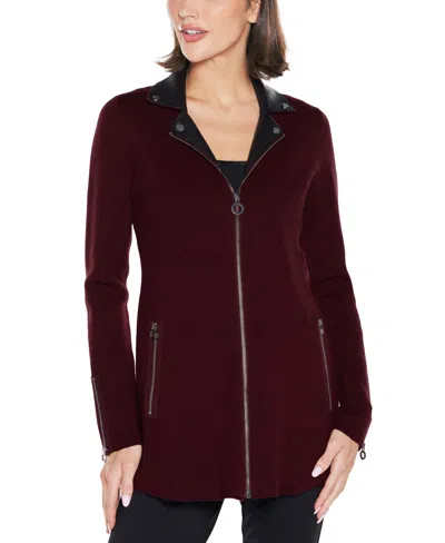 Belldini Black Label Women's Faux-leather Collared Sweater Jacket In Burgundy