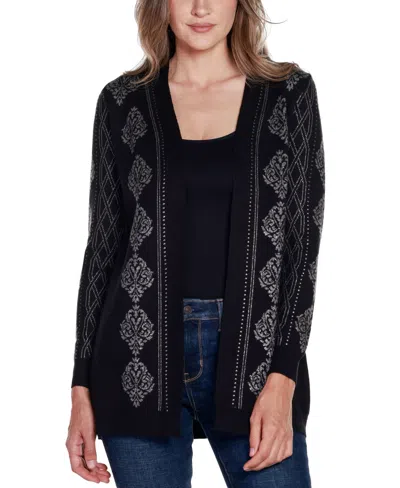 Belldini Women's Black Label Lurex Jacquard Open-front Cardigan Sweater In Black,pewter