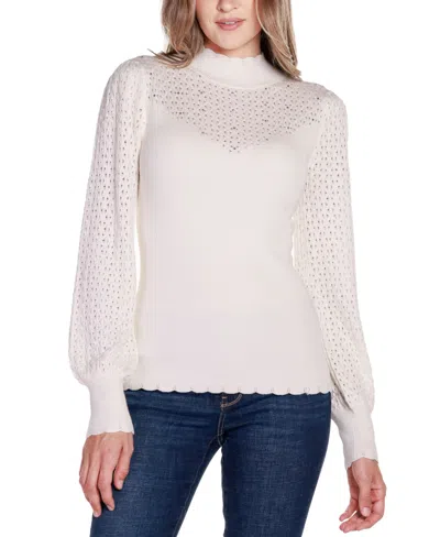 Belldini Black Label Women's Pointelle And Rhinestone Detail Sweater In Winter White