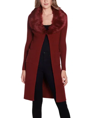 Belldini Women's Black Label Ribbed Collar Duster Cardigan Sweater In Cranberry