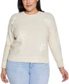 Belldini Plus Size 3d Floral Crewneck Trim Sweater In Eggshell