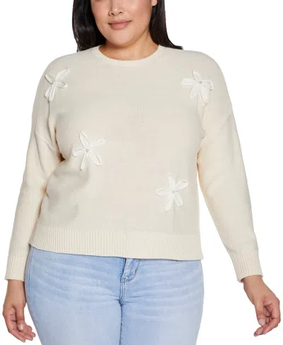 Belldini Plus Size 3d Floral Crewneck Trim Sweater In Eggshell