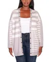 Belldini Plus Size Black Label Color Blocked Variegated-stripe Cardigan Sweater In Pearl Grey Combo