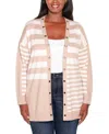 Belldini Plus Size Black Label Color Blocked Variegated-stripe Cardigan Sweater In Porcini Combo