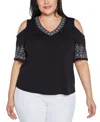 Belldini Plus Size Black Label Embroidered Cold-shoulder Knit Top In Black Multi