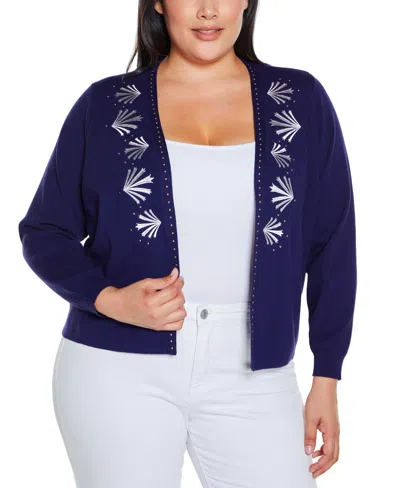 Belldini Plus Size Black Label Embroidered Drop-shoulder Open-front Cardigan Sweater In Twilight Blue