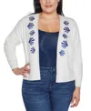 Belldini Plus Size Black Label Embroidered Drop-shoulder Open-front Cardigan Sweater In White,cobalt