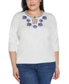 Belldini Plus Size Black Label Embroidered Split-neck Sweater In White,cobalt