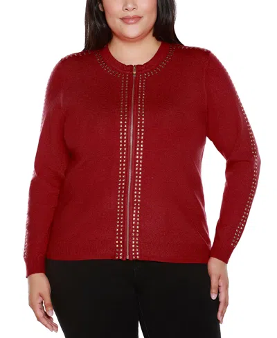 Belldini Plus Size Black Label Full-zip Embellished Cardigan In Cranberry,gold