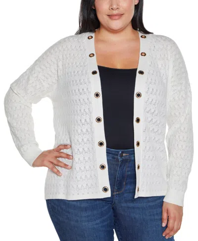 Belldini Plus Size Black Label Pointelle And Grommet Open Cardigan Sweater In Ivory Multi