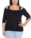 BELLDINI PLUS SIZE BLACK LABEL RHINESTONE GROMMET COLD-SHOULDER SWEATER