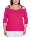 Belldini Plus Size Black Label Rhinestone Grommet Cold-shoulder Sweater In Pomegranate Punch