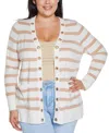 Belldini Plus Size Black Label Rhinestone Grommet Striped Open-front Cardigan Sweater In Ivory