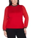 Belldini Plus Size Black Label Rhinestone-neckline Chiffon-sleeve Sweater In Red