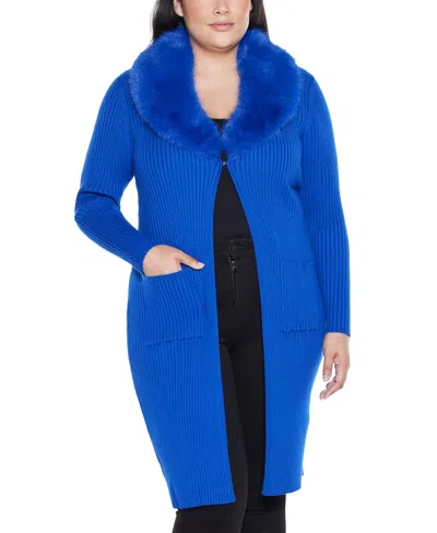 Belldini Plus Size Black Label Ribbed-collar Duster Cardigan Sweater In Blue