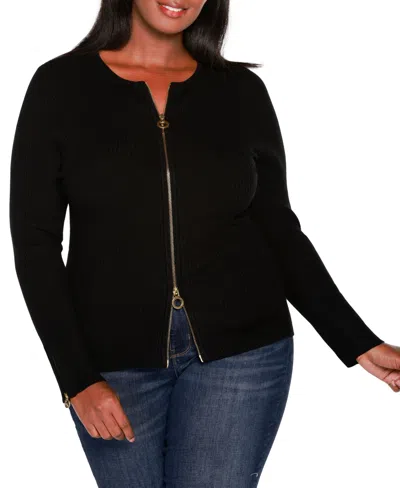 Belldini Plus Size Black Label Ribbed Double-zip Cardigan Sweater In Black,gold
