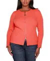 Belldini Plus Size Black Label Ribbed Double-zip Cardigan Sweater In Papaya Punch,silver