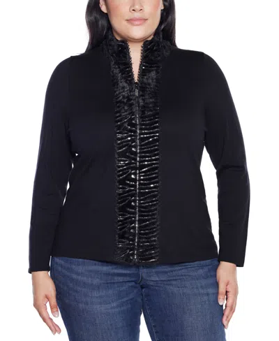 Belldini Plus Size Black Label Trim Rhinestone-zip Cardigan Sweater
