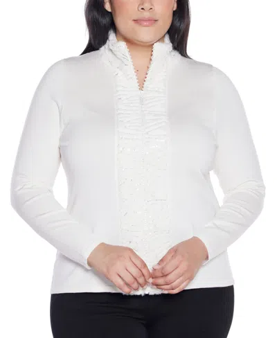 Belldini Plus Size Black Label Trim Rhinestone-zip Cardigan Sweater In White