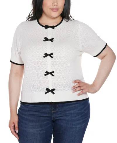 Belldini Plus Size Bow Detail Pointelle Short Sleeve Sweater