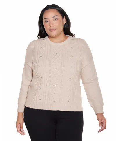 Belldini Plus Size Cable Knit Crewneck Long-sleeve Pullover Sweater In Multi