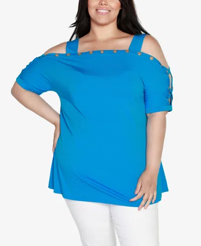 Belldini Plus Size Cold Shoulder Top In Scuba Turquoise