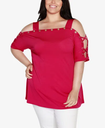 Belldini Plus Size Cold Shoulder Top In Raspberry Beret