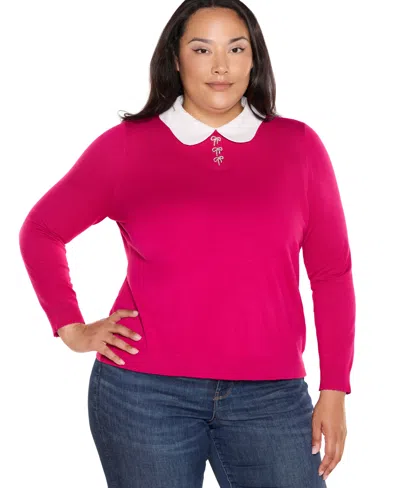 Belldini Plus Size Collared Long-sleeve Bow-detail Sweater In Animal Print