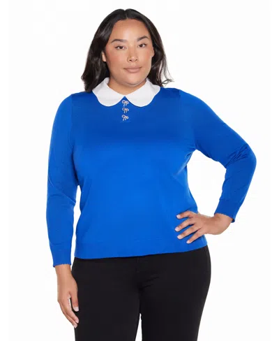 Belldini Plus Size Collared Long-sleeve Bow-detail Sweater In Black