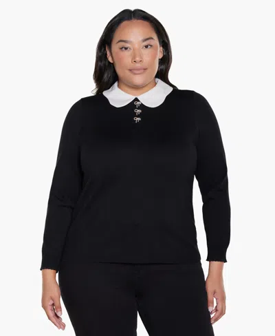Belldini Plus Size Collared Long-sleeve Bow-detail Sweater In Purple