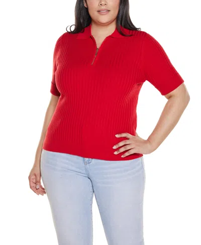 Belldini Plus Size Collared Quarter-zip Ribbed-knit Sweater In Red