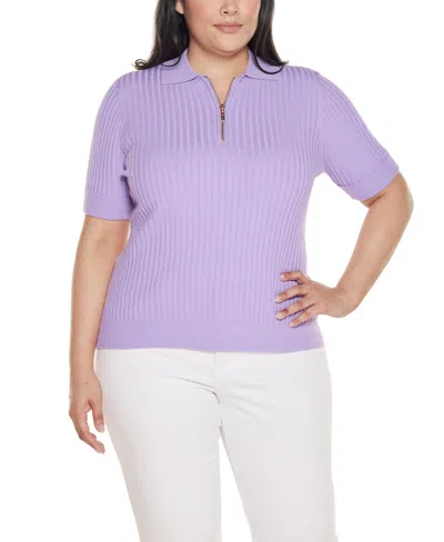 Belldini Plus Size Collared Quarter-zip Ribbed-knit Sweater In Light Amethyst