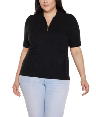 Belldini Plus Size Collared Quarter-zip Ribbed-knit Sweater In Black