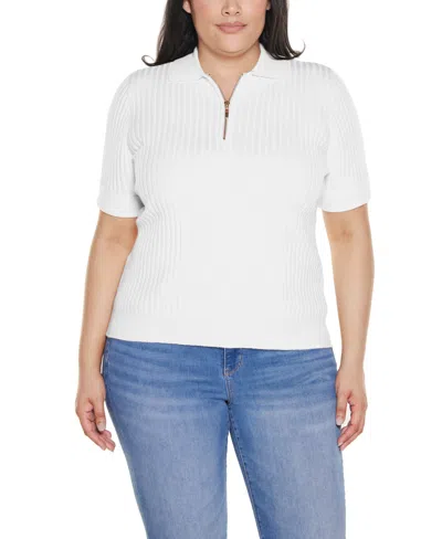 Belldini Plus Size Collared Quarter-zip Ribbed-knit Sweater In White,gold