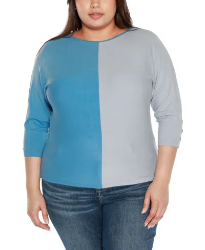 Belldini Plus Size Colorblock 3/4-sleeve Dolman Sweater In Blue Moon Combo