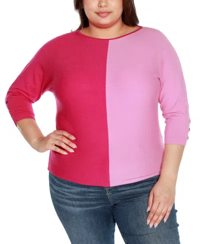 Belldini Plus Size Colorblock 3/4-sleeve Dolman Sweater In Petal Pink Combo