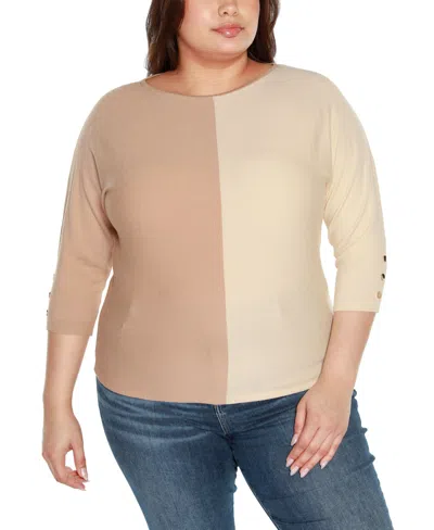 Belldini Plus Size Colorblock 3/4-sleeve Dolman Sweater In Toasted Coconut Combo