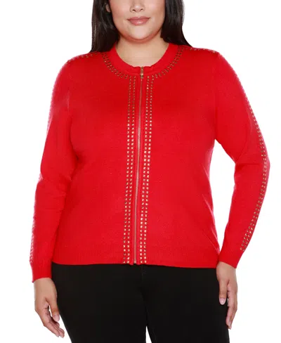Belldini Plus Size Crewneck Embellished Zip Cardigan Sweater In Red