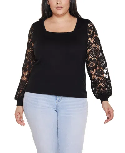 Belldini Plus Size Crochet Lace Blouson Sleeve Sweater In Black