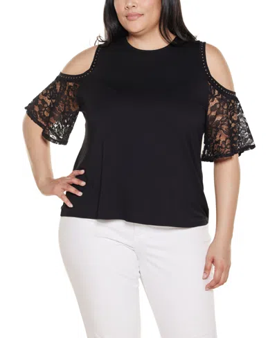 Belldini Plus Size Crochet Lace Cold-shoulder Top In Black