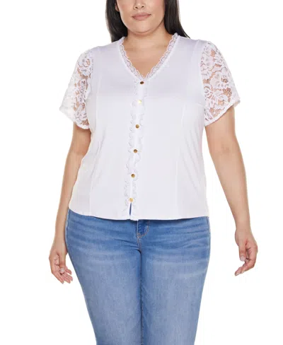 Belldini Plus Size Crochet Lace Sleeve V-neck Top In White