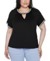 Belldini Plus Size Crochet-trim Short Sleeve Knit Top