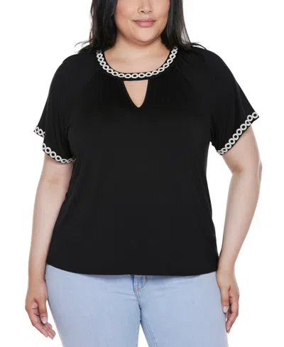 Belldini Plus Size Crochet-trim Short Sleeve Knit Top