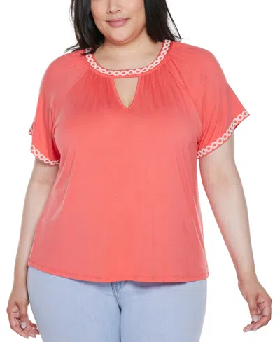 Belldini Plus Size Crochet-trim Short Sleeve Knit Top